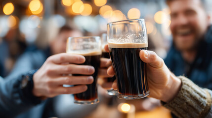 Close-up of friends clinking pints of dark stout beer with creamy foam, joyful celebration in a crowded Irish pub, warm ambient indoor light, bokeh background of happy people, with