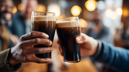 Close-up of friends clinking pints of dark stout beer with creamy foam, joyful celebration in a crowded Irish pub, warm ambient indoor light, bokeh background of happy people, with