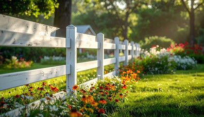 White Fence Surrounding Vibrant Garden Flowers.