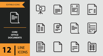 Core office documents and file icons set for business and productivity applications