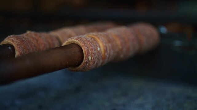 Traditional Czech trdelnik pastry cooking in Prague.