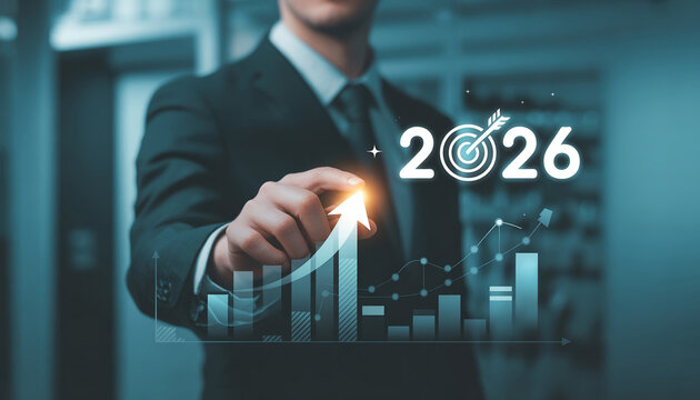 Anonymous business professional in a dark corporate environment, pointing toward a glowing holographic arrow moving upward into the future. Floating year text &ldquo;2026&rdquo;.