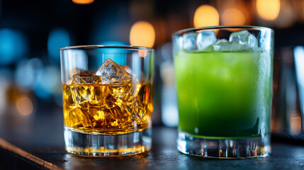 Close-up of a glass of aged Irish whiskey on the rocks next to a vibrant green cocktail on a dark bar surface, sophisticated celebration, moody bar lighting, sharp focus on glasses