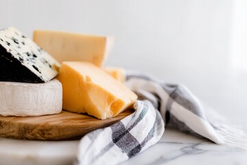 A selection of artisanal cheeses arranged on a wooden board with a checkered cloth, presented on a marble surface under soft lighting, providing ample copy space