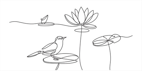 Continuous line art drawing featuring a bird on a lily pad and a blooming lotus flower Vector, illustration © Kanu Art_Gallery
