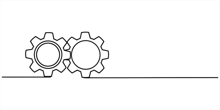 Simple continuous line drawing of two interlocking gears representing connection and mechanism Vector, illustration