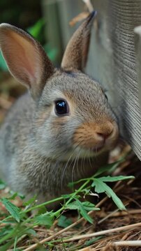Babykaninchen knabbert an Gras