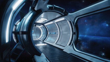 A futuristic space corridor with sleek metallic walls and illuminated panels, set against a backdrop of stars and cosmic scenery.