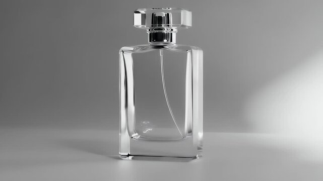 A cinematic close-up shot of a perfume bottle on a gray surface with soft lighting and a clean background.