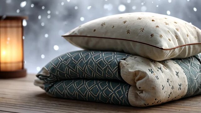 Elegant futon transition in cozy lanternlit room with falling snow background