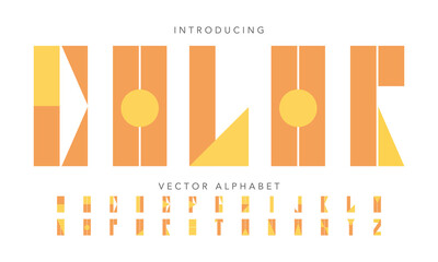 Minimal geometric abstract A–Z vector alphabet in a modern typography style, built with simple shapes like circles, triangles, and rectangles, featuring clean lines and balanced spacing © mokitur