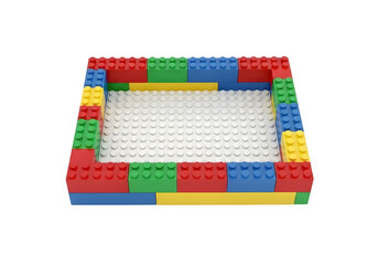 Fototapeta premium Colorful lego brick frame isolated on transparent background for building and creativity