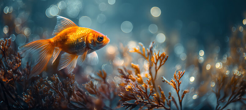 Vibrant orange goldfish swimming amidst coral and seaweed in an underwater environment with bokeh lights