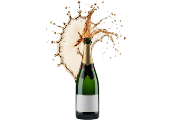 Champagne bottle with cork popping and splashing liquid isolated on transparent background