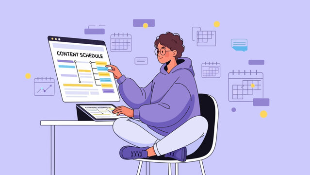 Person planning content schedule on computer, digital calendar concept