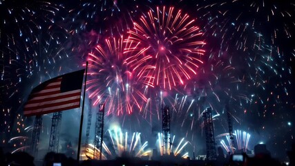 A vibrant fireworks display illuminating the night sky with bursts of red, white, and blue hues. The American flag stands tall against the backdrop of the fireworks.
