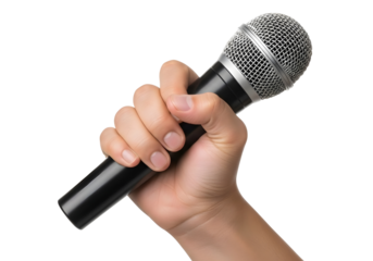 Hand holding a microphone isolated on transparent background for music or podcast concept