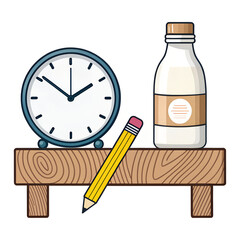 Minimalist Vector Illustration of an Alarm Clock, Milk Bottle, and Pencil on a Wooden Shelf over White Background