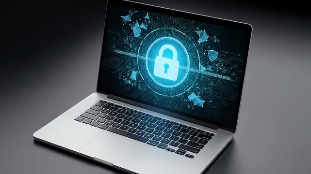 Laptop displays digital padlock on screen with global network background