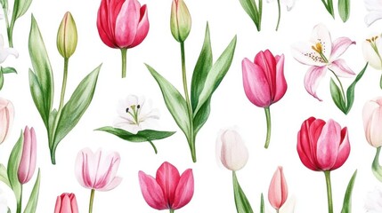 Fototapeta premium Elegant watercolor flower pattern with tulips and lilies isolated on white