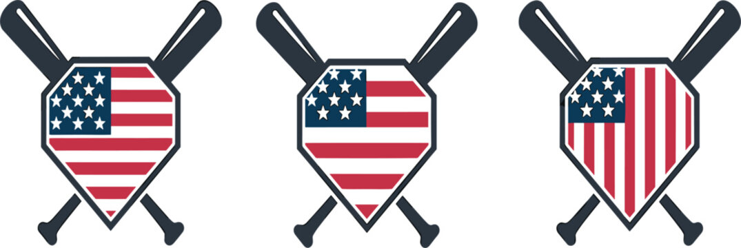 Set of American baseball emblems with crossed bats and USA flag shields for sports patriotic and team spirit concept
