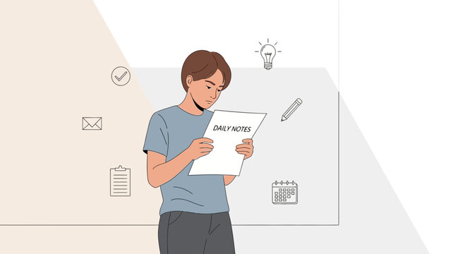 Young man reading daily notes, planning and organization concept, idea generation