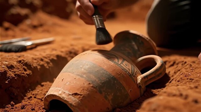 Archaeologist carefully brushing a clay amphora in an excavation site, revealing ancient details on the pottery in warm earthy tones