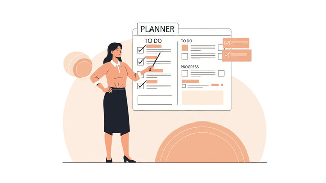 Businesswoman pointing at a planner with to-do list and progress tracker