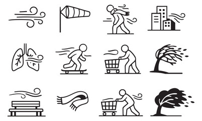 Line art wind icons set featuring weather conditions, nature, and people's activities for environmental and meteorological themes