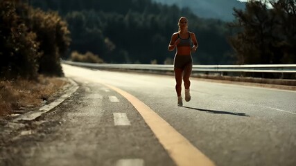 A woman jogging on a road with mountains in the background. She is wearing a gray sports bra and black shorts, and her hair is tied back.