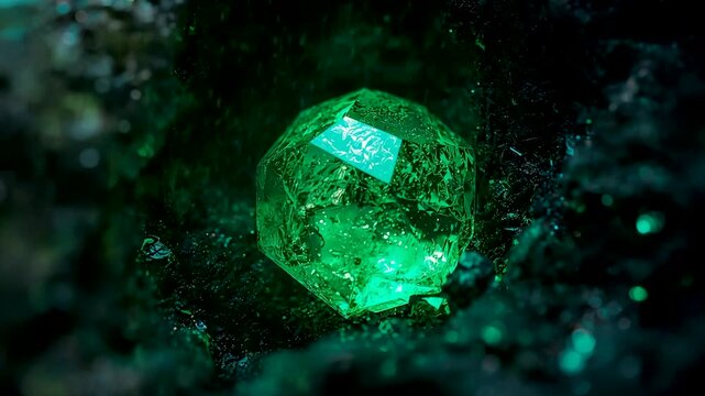 Glowing green crystal gemstone resting in dark rocky cave surrounded by faint emerald light reflections