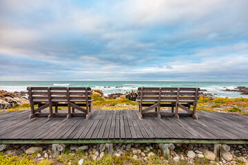 Wooden bench on decking provides idyllic coastal view, tranquil ocean horizon.