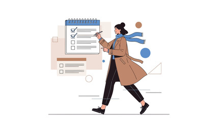 Woman checking tasks on checklist, modern illustration, planning and organization concept