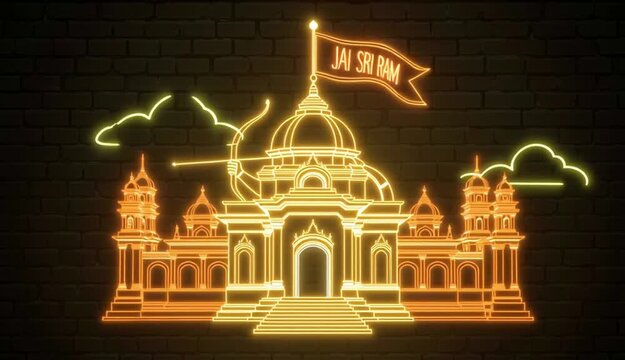 Shri Ram Divine Neon Illustration with Ayodhya Mandir Glowing Temple Artwork Depicting Maryada Purushottam Spiritual Power Devotion Sacred Hindu Culture Ram Navami Deepawali Faith Mythology ... See Mo