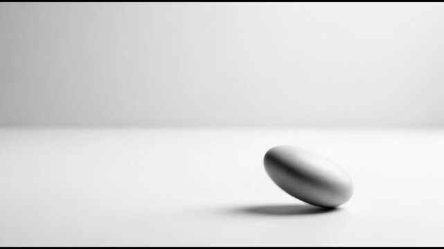 A single grey egg spinning and balancing on a white surface. Vertical video of a minimalist abstract 3D animation. Concept of instability and perpetual motion