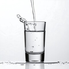 Clear liquid pours into a glass, creating a splash, against a gradient white backdrop with droplets around