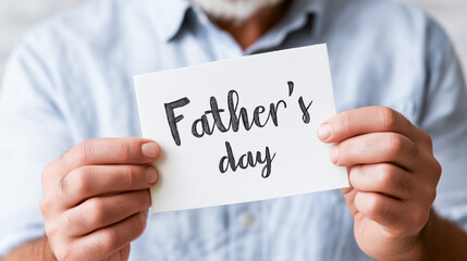 Father holding a white paper sheet with the text Father&rsquo;s Day, simple greeting card and banner concept symbolizing love, appreciation, family values and celebration.