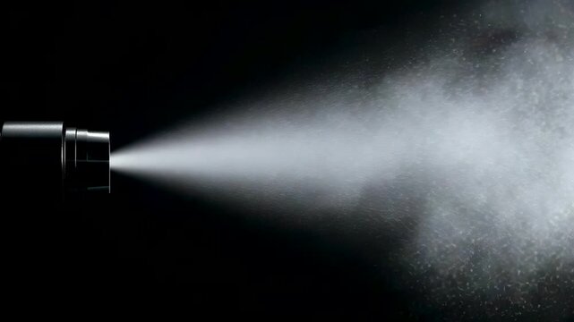Powerful spray nozzle releasing dense white mist cloud against dark background in studio lighting