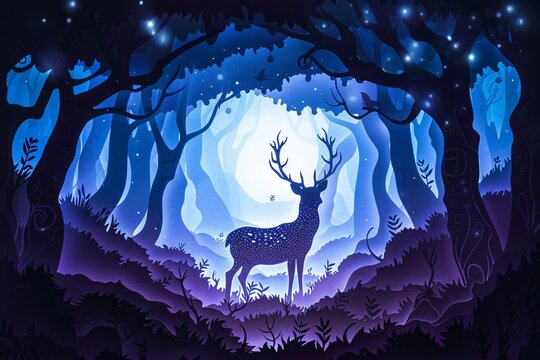 Paper cut light box art featuring a silhouette of a deer in a magical blue forest layer.