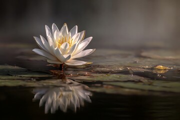 Radiant white water lily floats serenely upon dark, reflective pond surface at sunrise