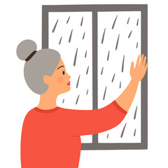 Elderly woman looking out of window while touching glass in rain . Elderly set