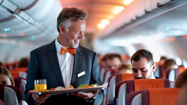 A man in a black suit with a bright orange bow tie holds a tray with a glass of orange juice. The scene is set in an airplane cabin, with passengers seated in rows.