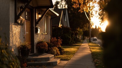House Entrance and Sidewalk in Golden Hour Sunlight