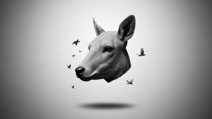 Obraz premium Deer head floating with birds black and white conceptual image copy space