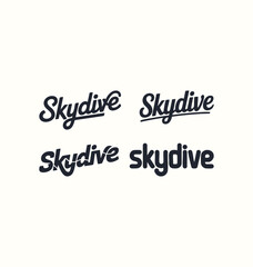 Skydive written templates set in a stylish joining script with bold and dynamic strokes, designed in clean high-quality vector typography perfect for adventure branding, sports logos, posters, social 