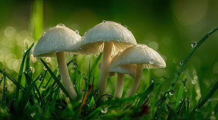Trio of small white mushrooms in dewy grass, soft green background