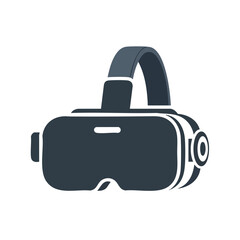 A dark blue and white virtual reality headset on a plain white background with a simple graphic design.