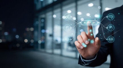 Businessman interacting with AI agent interface, touching screen with futuristic digital network and icons of brain and robot, concept of artificial intelligence and technology