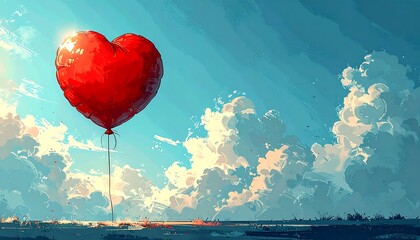 Red Heart Shaped Balloon Floating in Sky.