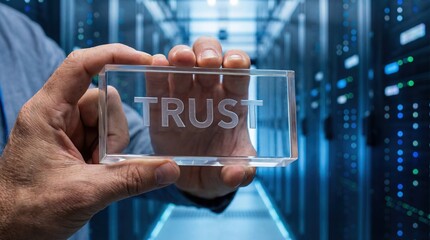 Adult man holding a transparent block with the word TRUST etched, standing in a modern data center with server racks Concept of cybersecurity, reliability, and data integrity